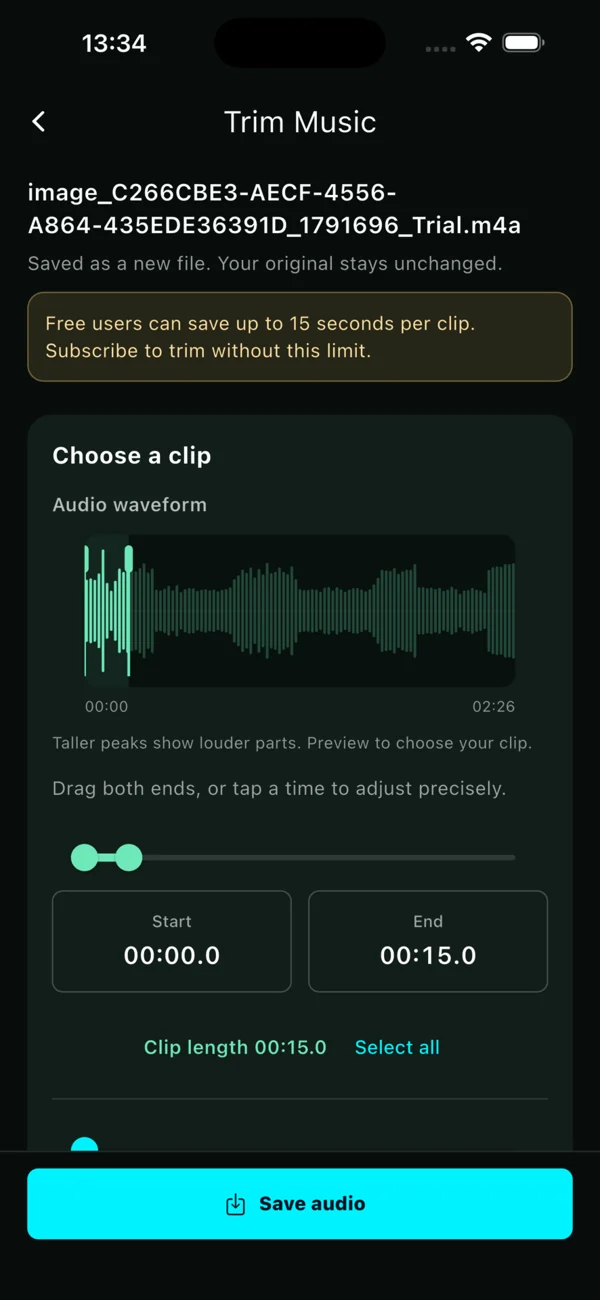 TuneGrab's real waveform editor with start and end time selection